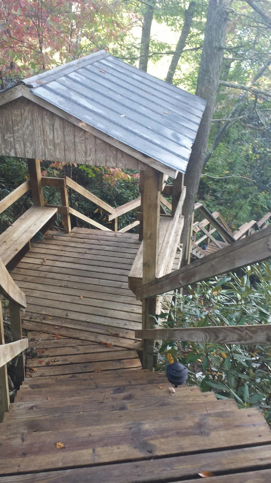 Metal roofed shelter over wooden steps on a wooded walkway — Skylight Repair & Installation work by our crew in Lomax